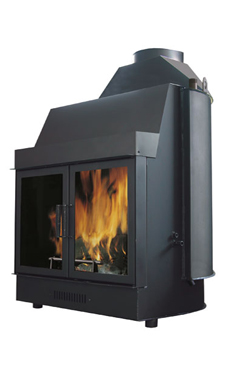 EDILKAMIN modelo IDRO 100 de 27 Kw.salida humos hembra Ø 25 cm. Chimena de agua con estructura de acero de gran espesor. Con mecanismo automático de humos by-pass, cristal cerámico resitente a 800º C y registro de regulación de aire de combustión.