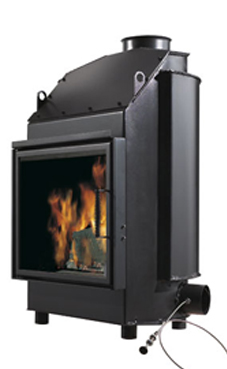 EDILKAMIN modelo IDRO 30 de 14,2 Kw.salida humos hembra Ø 16 cm,  Chimena de agua con estructura de acero de gran espesor. Con mecanismo automático de humos by-pass, cristal cerámico resitente a 800º C y registro de regulación de aire de combustión.