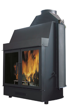 EDILKAMIN modelo IDRO 70 de 23 Kw.salida humos hembra Ø 20 cm. Chimena de agua con estructura de acero de gran espesor. Con mecanismo automático de humos by-pass, cristal cerámico resitente a 800º C y registro de regulación de aire de combustión.