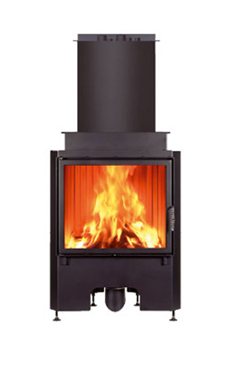 EDILKAMIN modelo THERMOFIRE PLANO /CS de  14,8 Kw. salida humos hembra Ø 20 cm posterior o superior,  fuego de refractario. Revestimientos: sobre medida. Chimenea de agua a leña con estructura de acero y fuego de refractario.